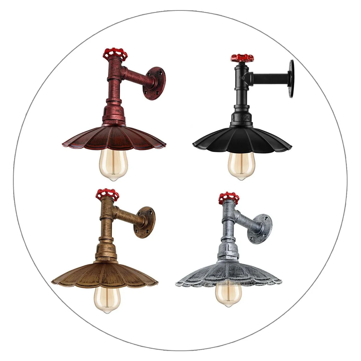 Industrial pipe wall light with metal frame and umbrella shade, retro aesthetic hanging on an indoor wall