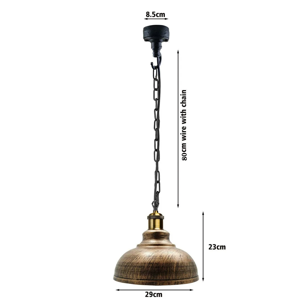 E27 metal conduit chain light with black metal cone shade, brushed copper trim and PVC cable, hanging from ceiling