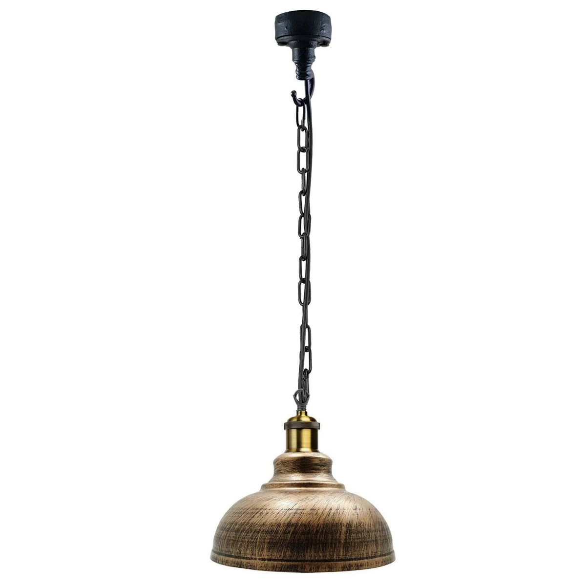 Black metal and brushed copper adjustable sloping ceiling lamp with angled chain and cone shade.