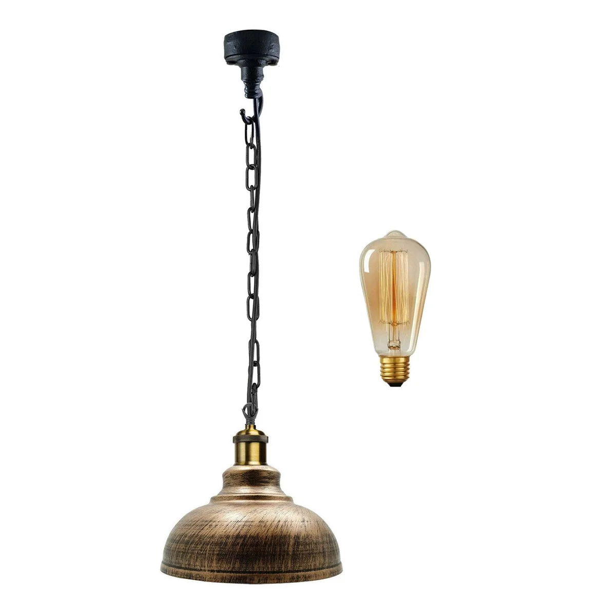 Vintage pendant ceiling light with black metal body, brushed copper chain, angled base, cone shade, sleek modern fixture