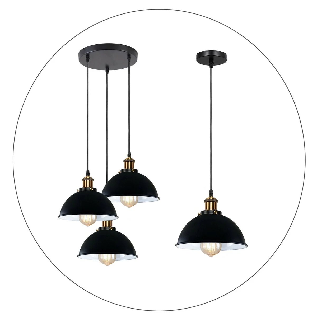 Black vintage ceiling pendant light with metal and PVC shade, 95 cm cable, E27 base, modern industrial design.