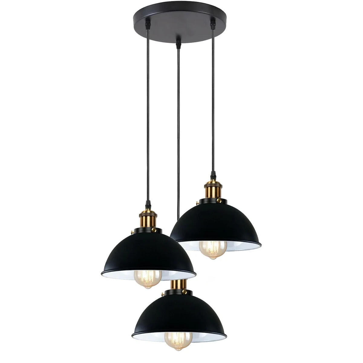 Black metal pendant shade hanging from a wall, showing its industrial metal frame and PVC cord, with an LED holder.