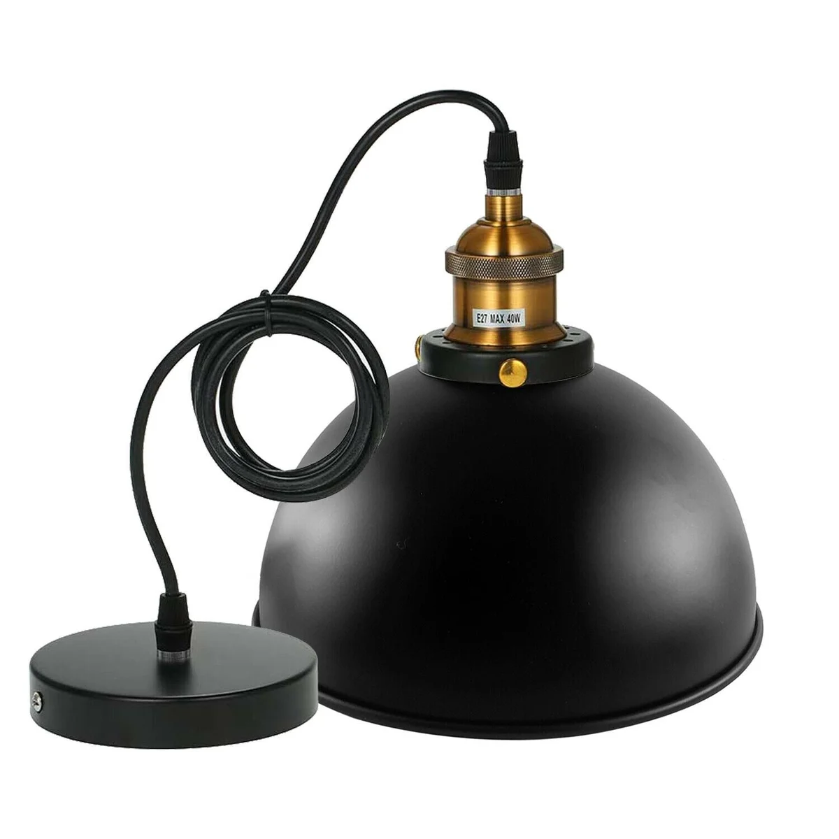Black metal and PVC pendant lamp hanging from ceiling, featuring a modern industrial pendant lighting design.