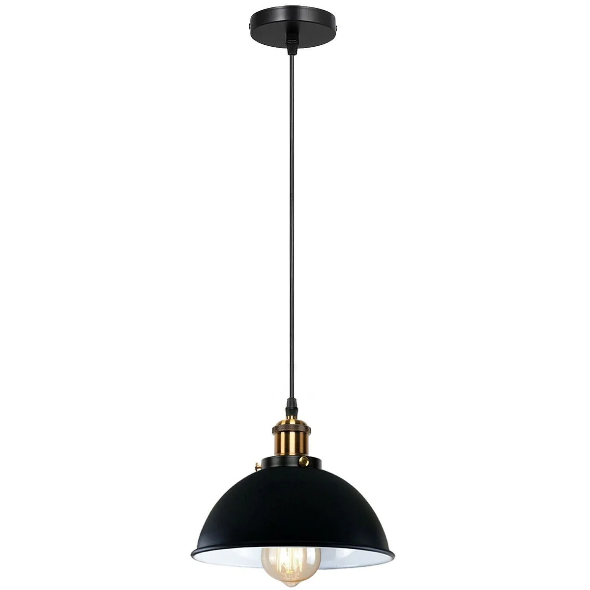 Black industrial metal ceiling pendant with metal shade and 95cm cable, hanging from ceiling