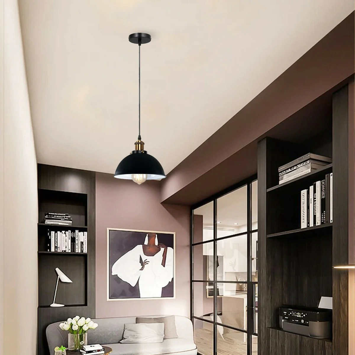 Black industrial metal ceiling pendant with 10cm base, PVC cable 95cm, and metal shade, socket for E27 bulb