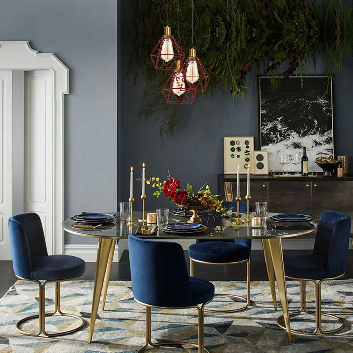 Industrial pendant light with three metal cages, 95cm cable, available in red, green, blue, yellow, white, gold, black.