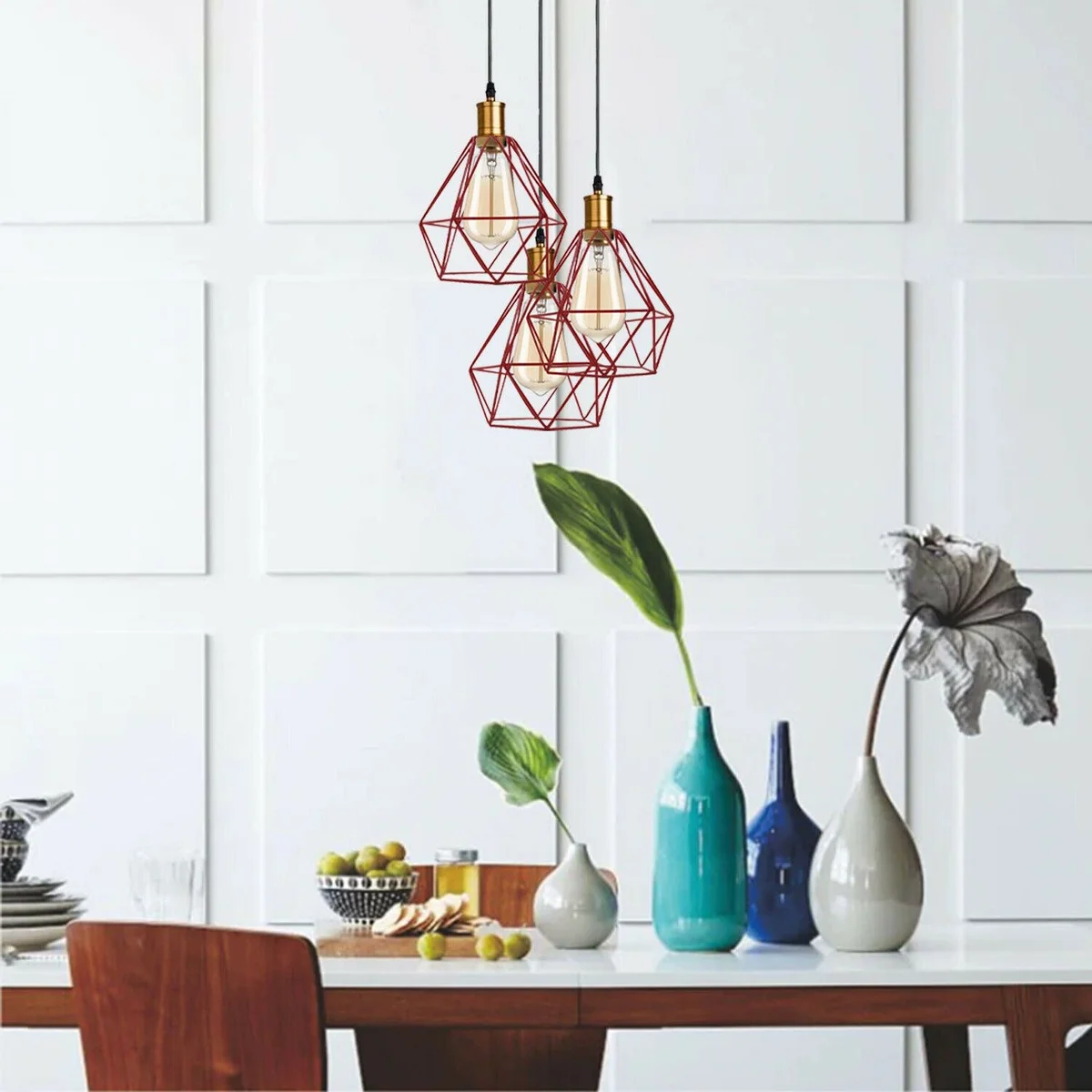 3 light pendant with metal cages and adjustable 95cm PVC cable, hanging over ceiling plate, in red, green, blue