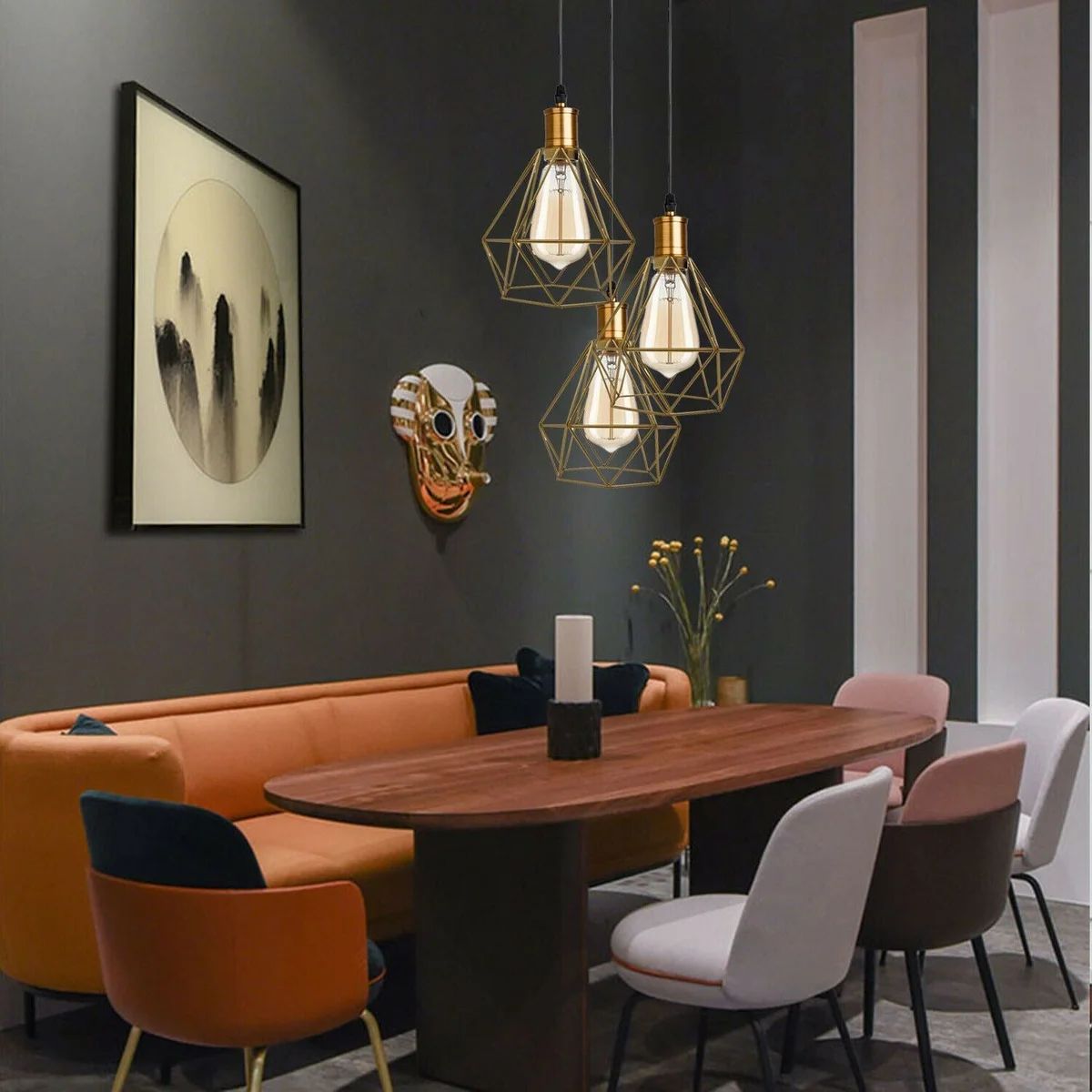 Red adjustable cord pendant light with three metal cages, E27 base, 3‑light design, hanging from 95 cm PVC cable.