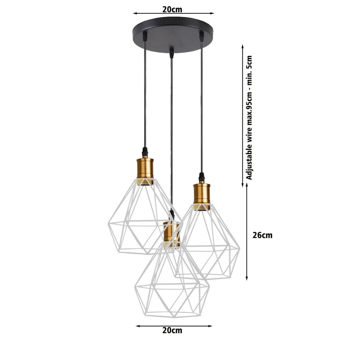Metal cage light with 3 pendant lights, adjustable 95cm cable, colours red, green, blue, yellow, white, gold, black.