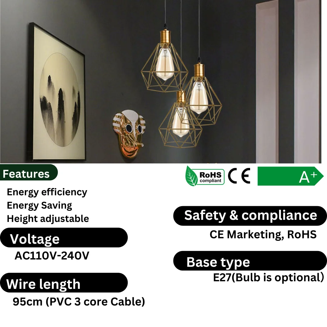 E27 bulb pendant with three metal cage lights, adjustable cord, industrial retro style, available in multiple colours.