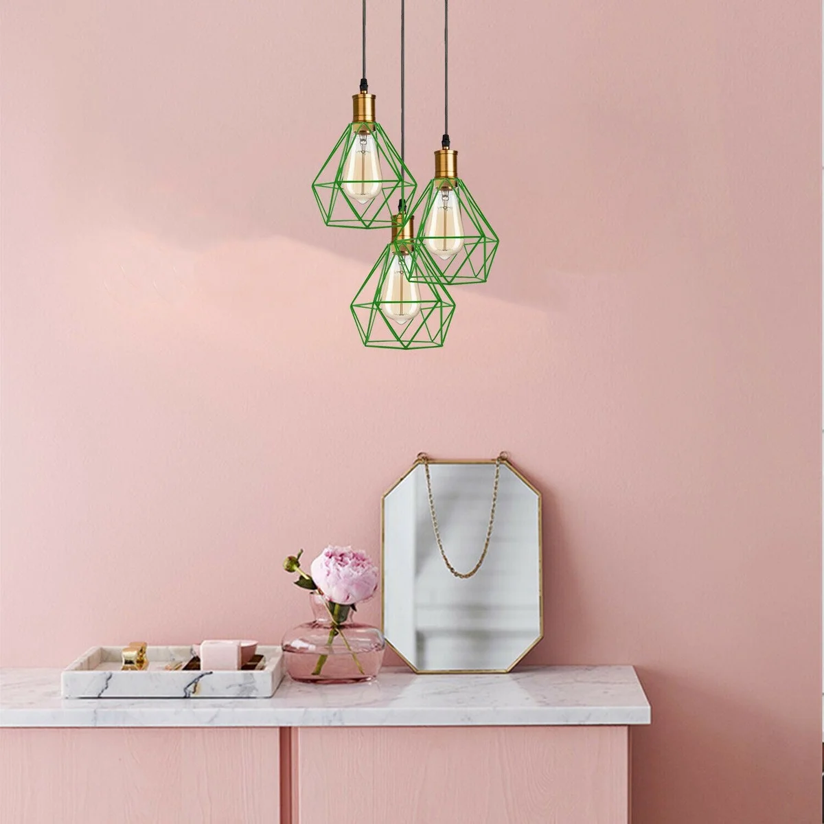 Industrial retro style 3‑light pendant lamps with adjustable PVC cord and metal diamond cages, a retro ceiling light in gold.
