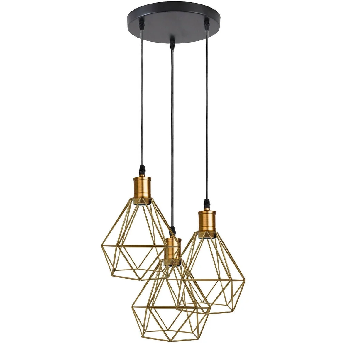 Industrial pendant light with three metal cages, 95cm PVC cord, E27 base, colours red, green, blue, yellow, white, gold, black.
