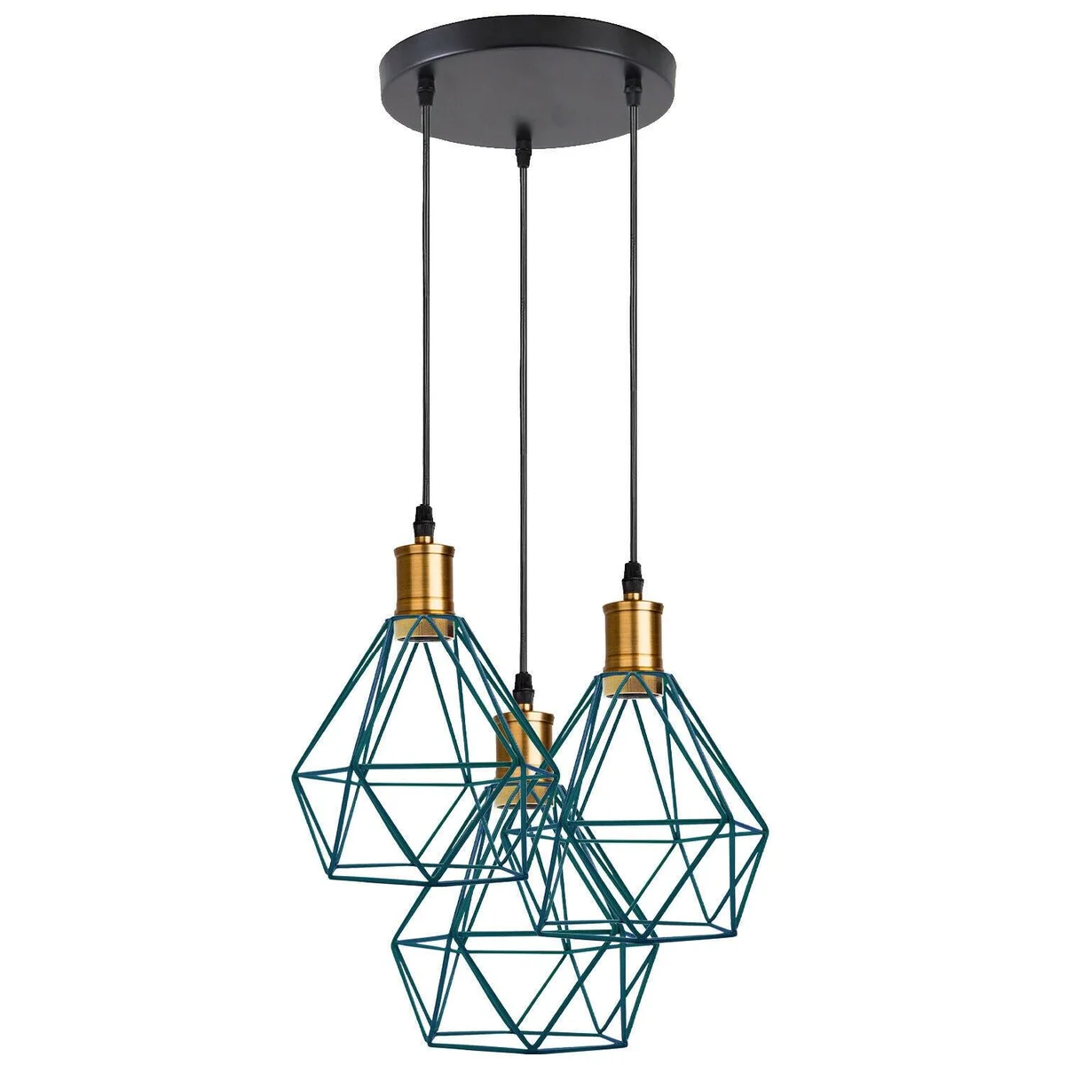 Industrial pendant light with three metal cages, adjustable PVC cable, E27 base, sleek metal construction