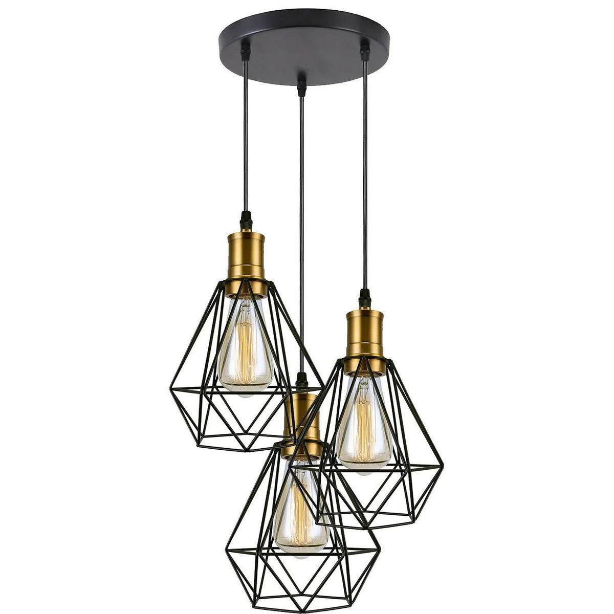 Industrial pendant light with three holders, metallic cages, PVC cable, in red, green, blue, yellow, white, gold, black.