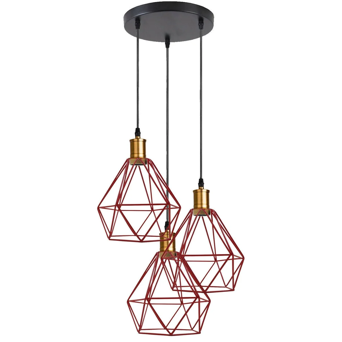 Industrial pendant light with three metal cages and a 95cm PVC cord, hanging from a 20cm metal ceiling plate.