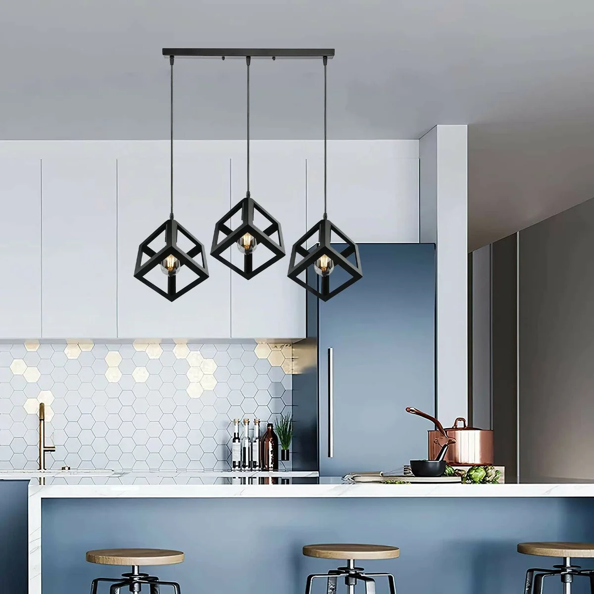 Black square modern pendant light with triple clustered shade, iron frame, industrial cage design