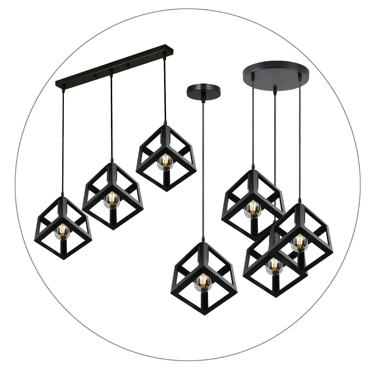 Black pendant light with three-vent square cage, iron frame, modern industrial design.