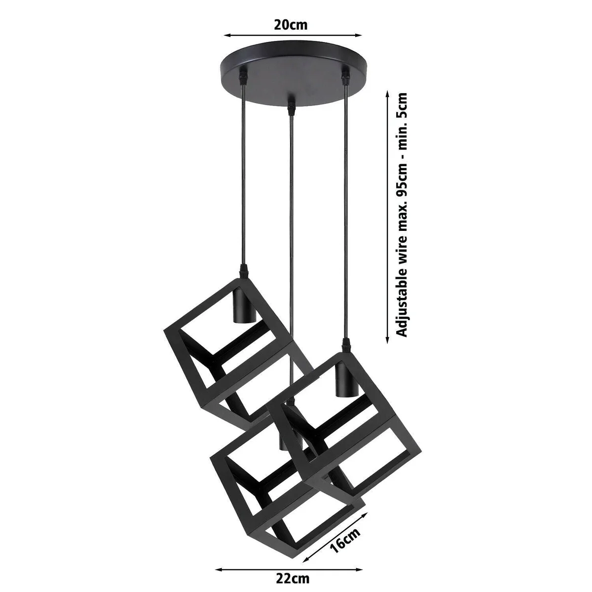 Iron pendant light with black square cage, industrial style, metal shade, featuring a modern E27 base.