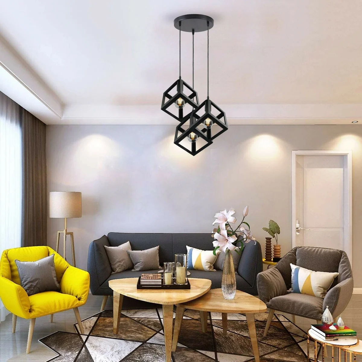 Three black square cluster ceiling light with industrial iron cage shade and E27 lamp base.