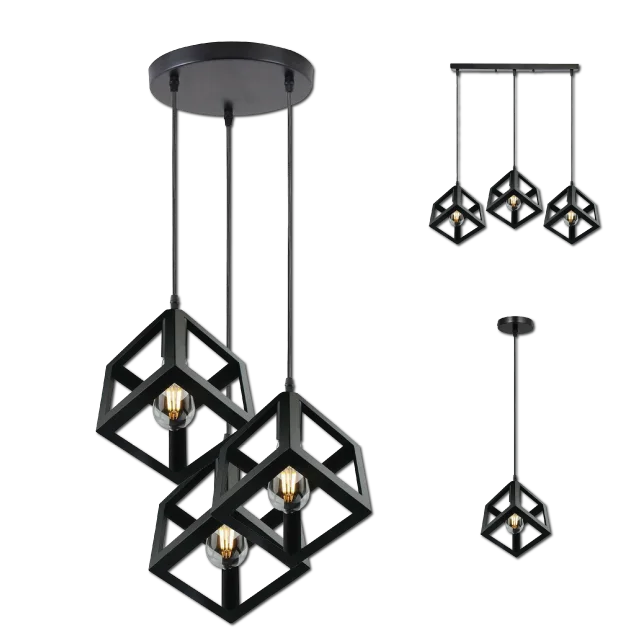 Black square cluster E27 pendant light with iron cage and metal shade