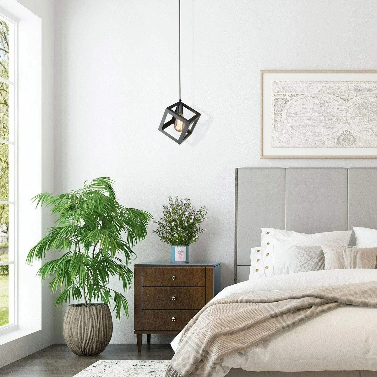 Black square 3‑cluster pendant light, industrial style metal cage shade, iron construction, modern design for home décor.