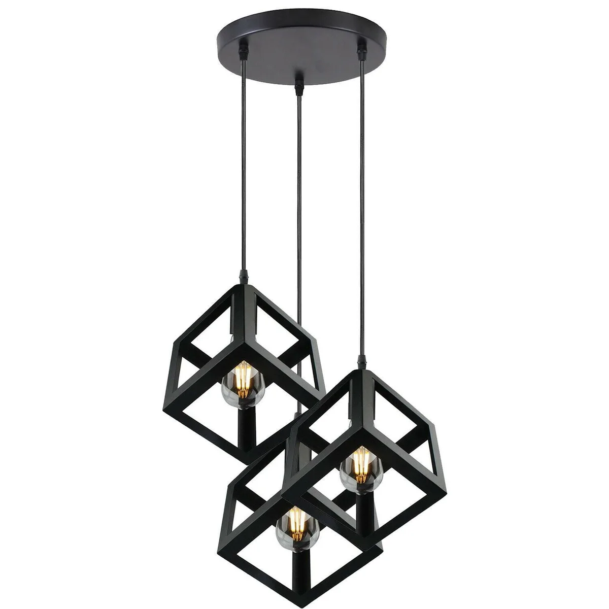 Modern pendant light with black iron cage shade, 3‑cluster square design, E27 base, industrial style.