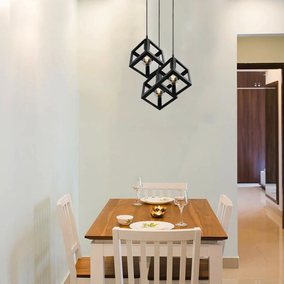 Black 3‑cluster iron modern pendant light hanging from ceiling with a square metal shade and E27 base.