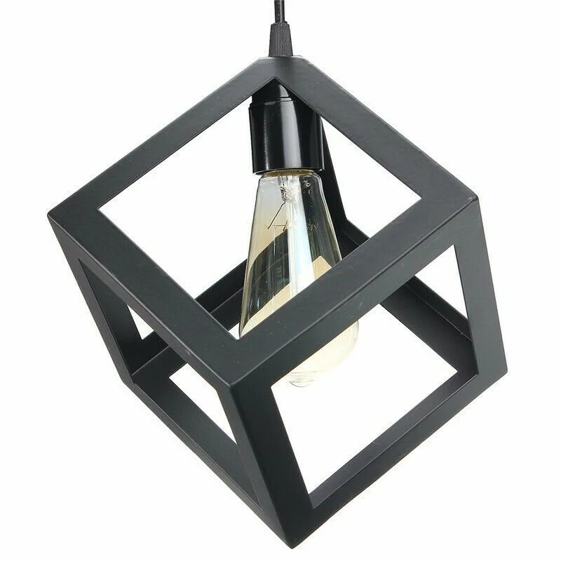 Modern pendant light: black iron square cage with three clusters, E27 base, industrial style hanging from ceiling