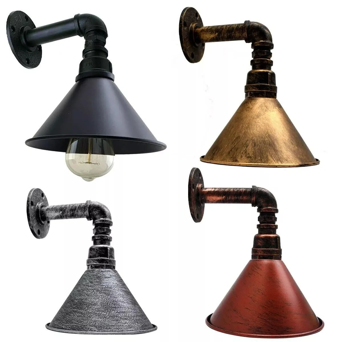 Industrial wall light with metal cone shade and retro water pipe style, black finish, mounted on wall.