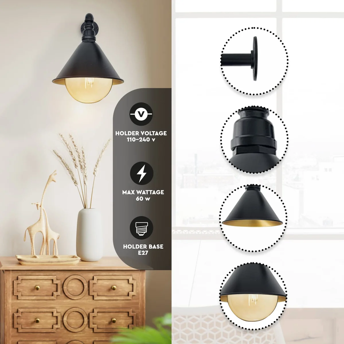 Vintage wall sconce with water‑pipe style metal cone shade in black, featuring pipe‑valve structure and steampunk industrial look.