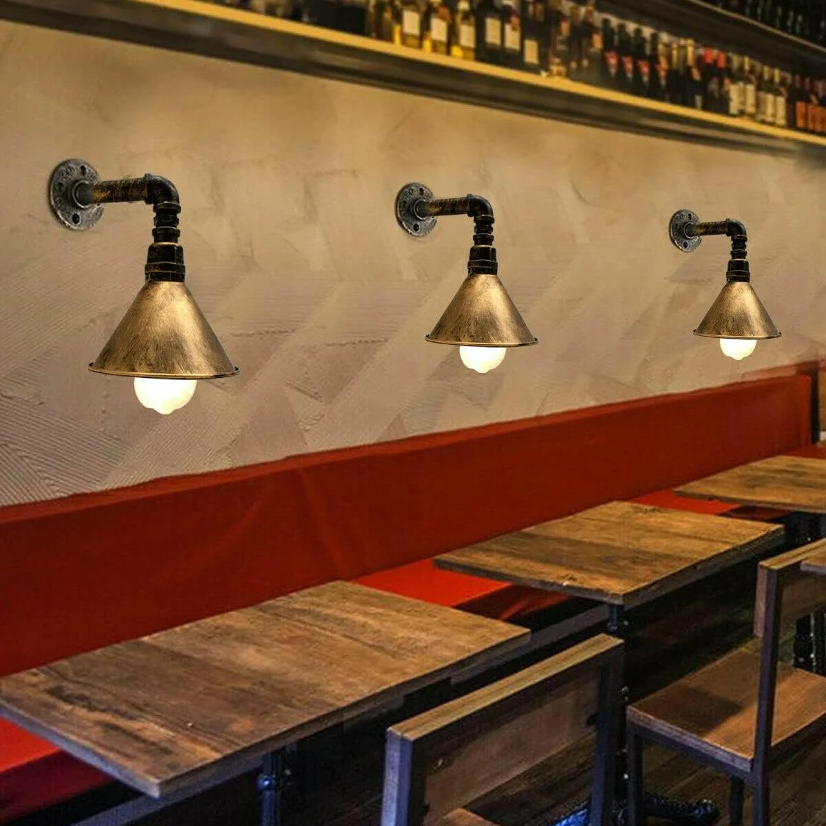 Metal pipe wall lamp with industrial cone shade, black finish, retro steampunk style