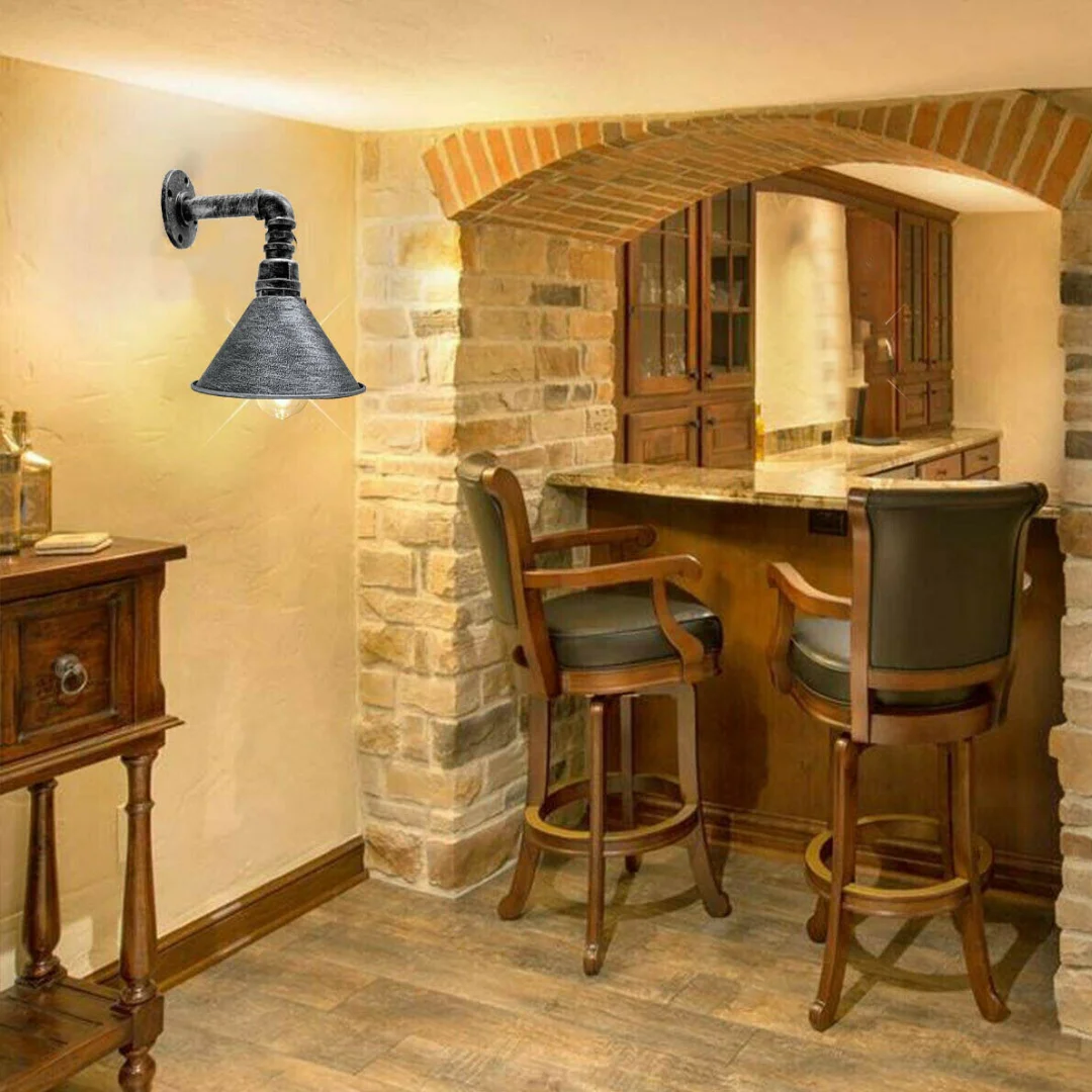 Industrial water pipe E27 wall light with metal cone shade, retro steampunk design, black or brushed copper finish