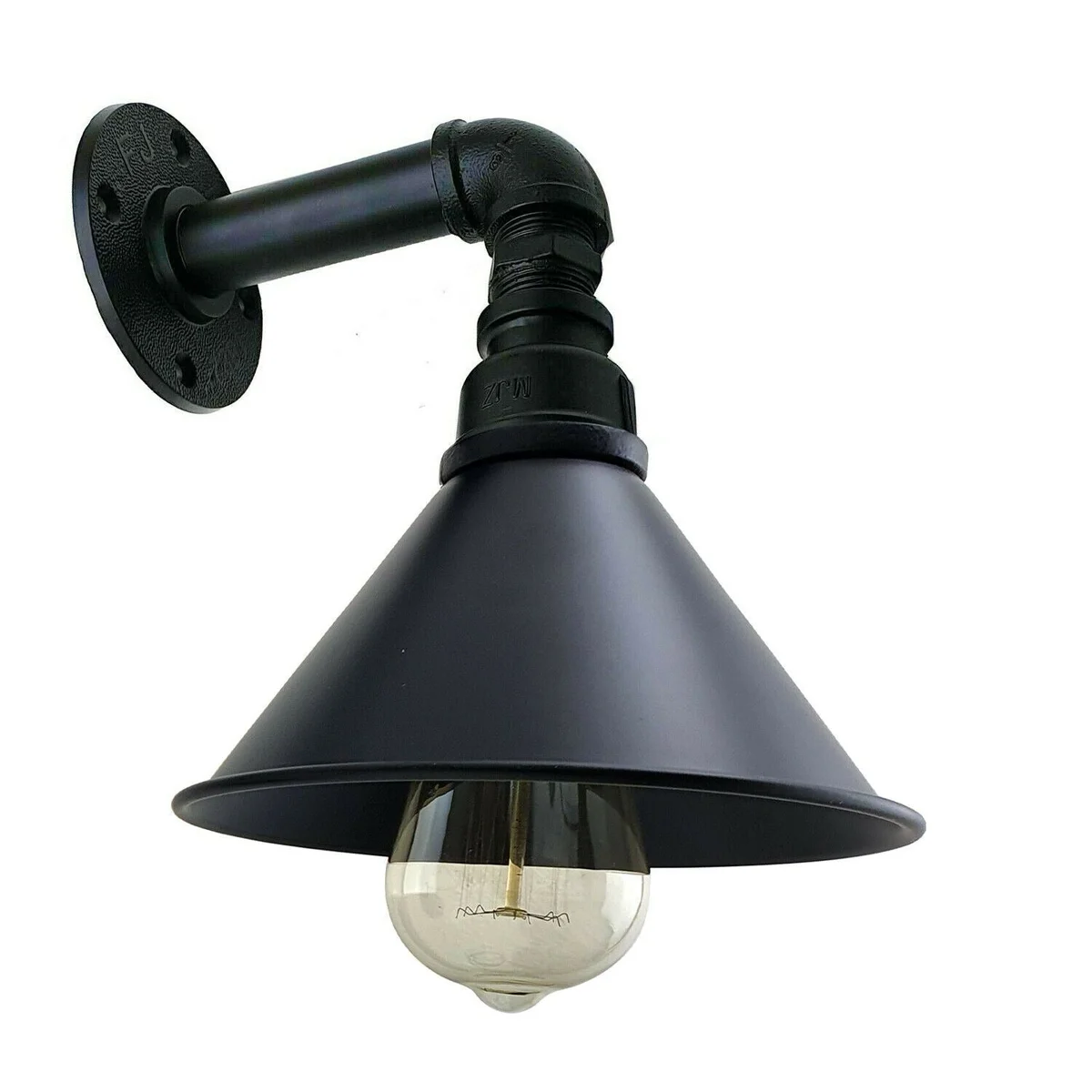 Industrial wall light with water‑pipe design, metal cone shade attached to wall, in black finish.
