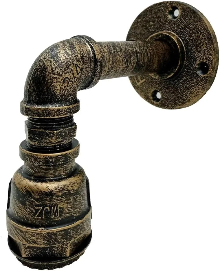 Industrial wall light with steampunk water pipe design, metal cone shade, black finish.