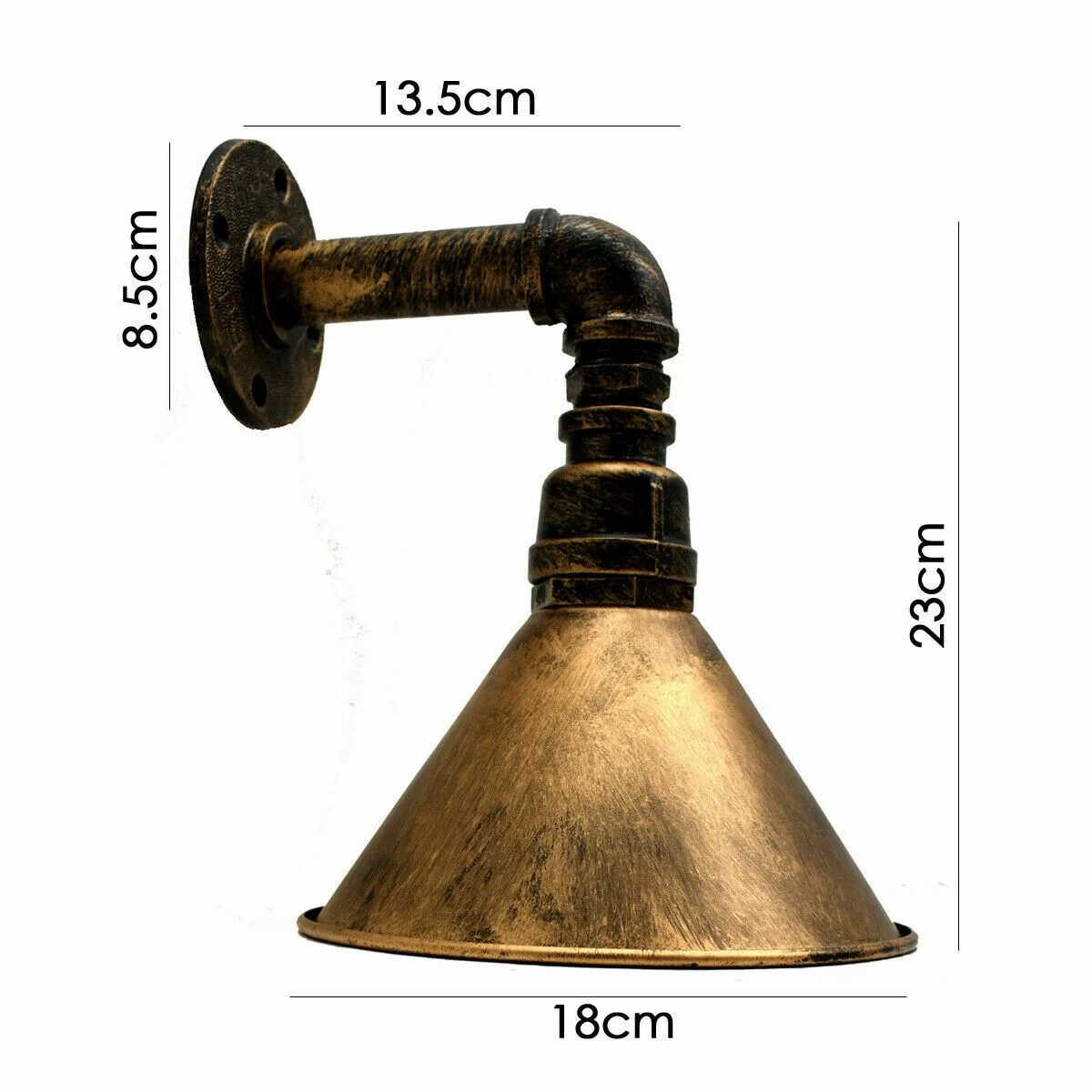Industrial wall light with metal cone shade and pipe valve design in black.