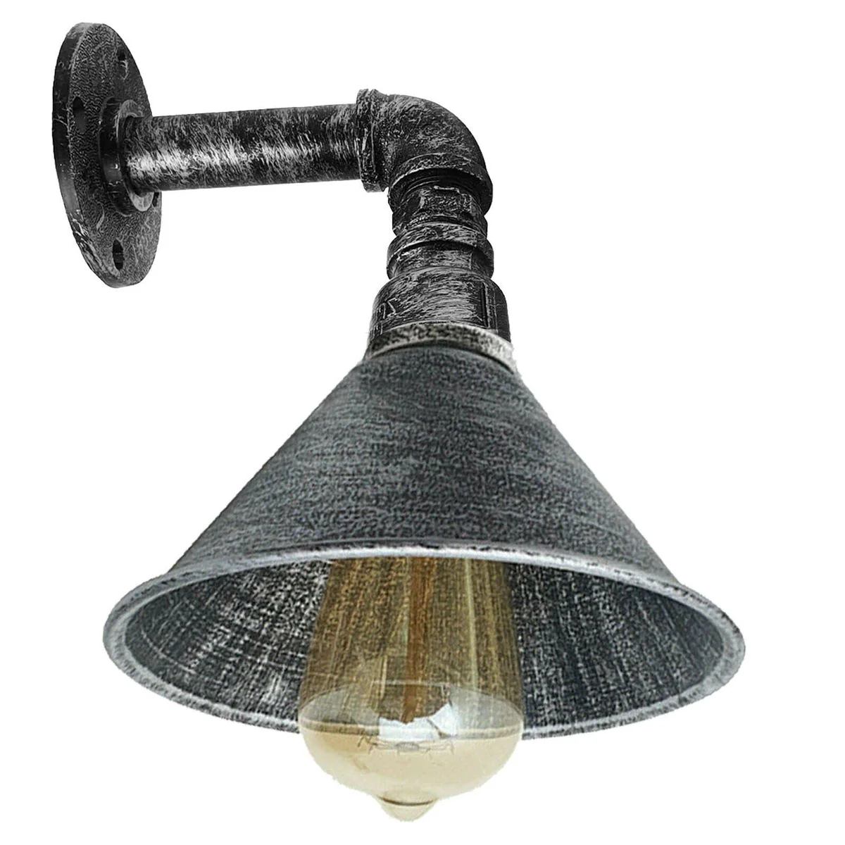 industrial wall light with metal water‑pipe body and cone shade, black, wall‑mounted, compatible with E27 bulbs