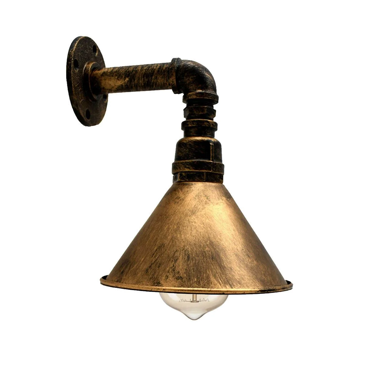 Industrial wall light with water‑pipe design, metal cone shade, black finish, fitting E27 bulb, suitable for indoor décor.