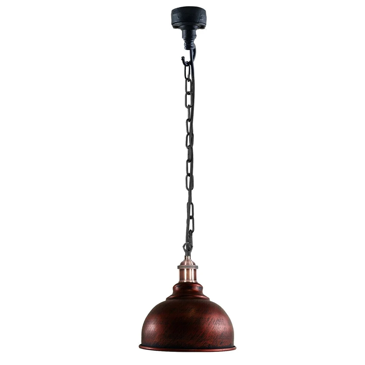 Industrial vintage ceiling light with black metal body, rustic red accents, curved pendant and 95 cm chain.