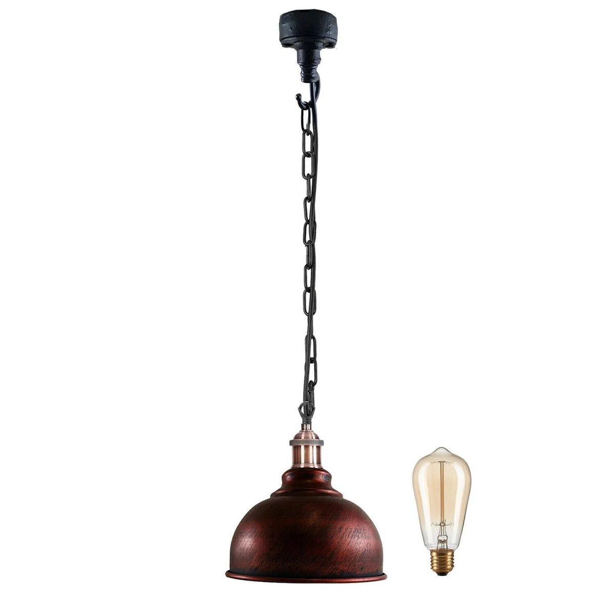 Rustic red pendant lamp with black metal cone, PVC chain, angled base for sloping ceilings, 95cm chain, sleek modern look.