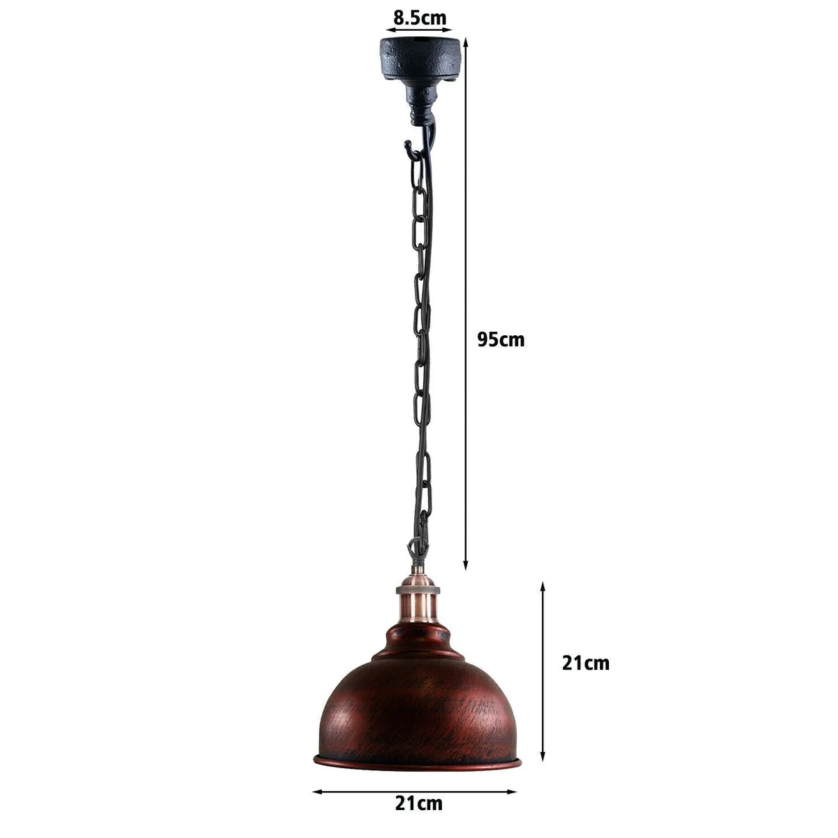 Curved black and red ceiling light hanging on a 95cm chain, featuring a conical metal hood and sleek black finish.