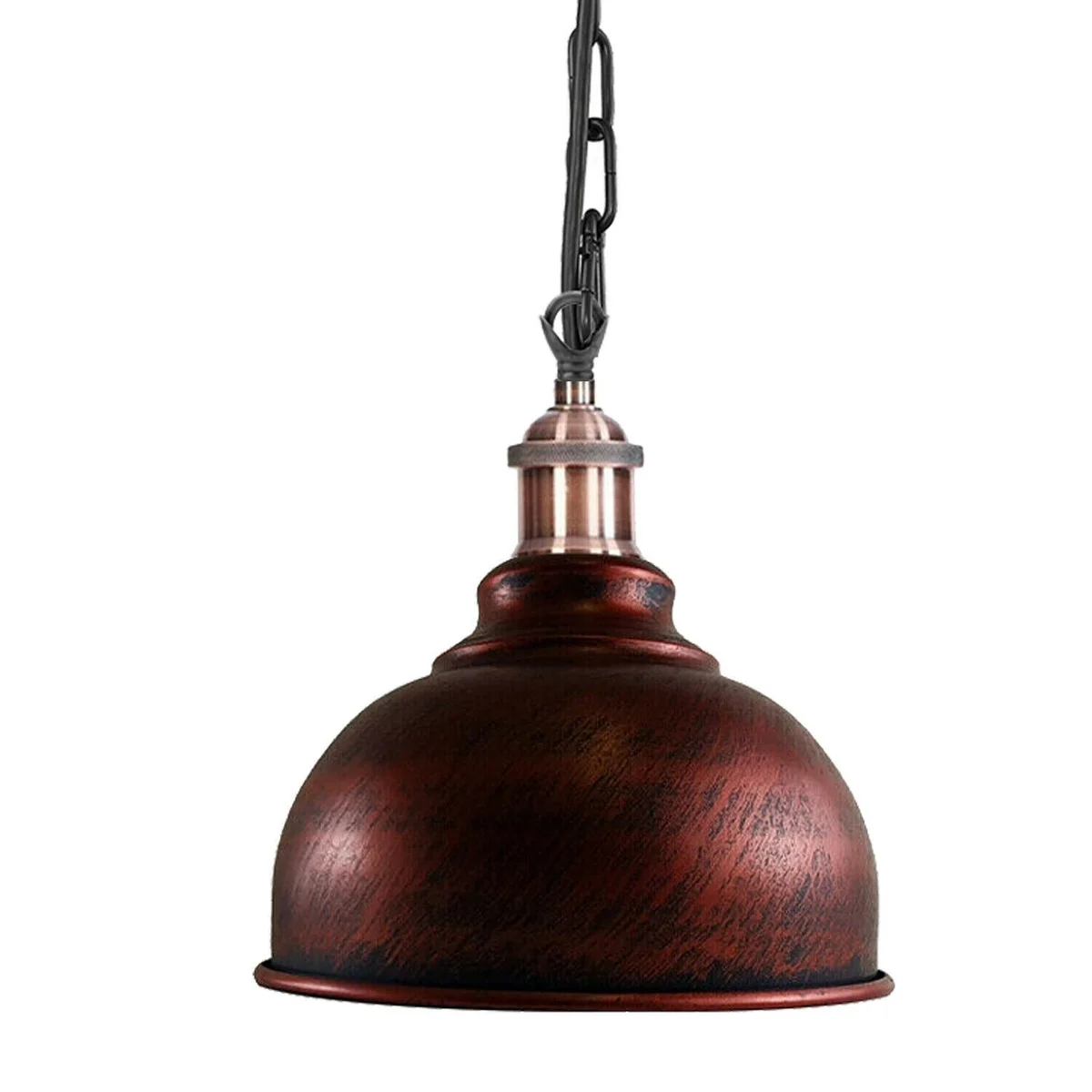 Industrial vintage ceiling light with black pendant and rustic red lighting, featuring a curved chain and angled base.