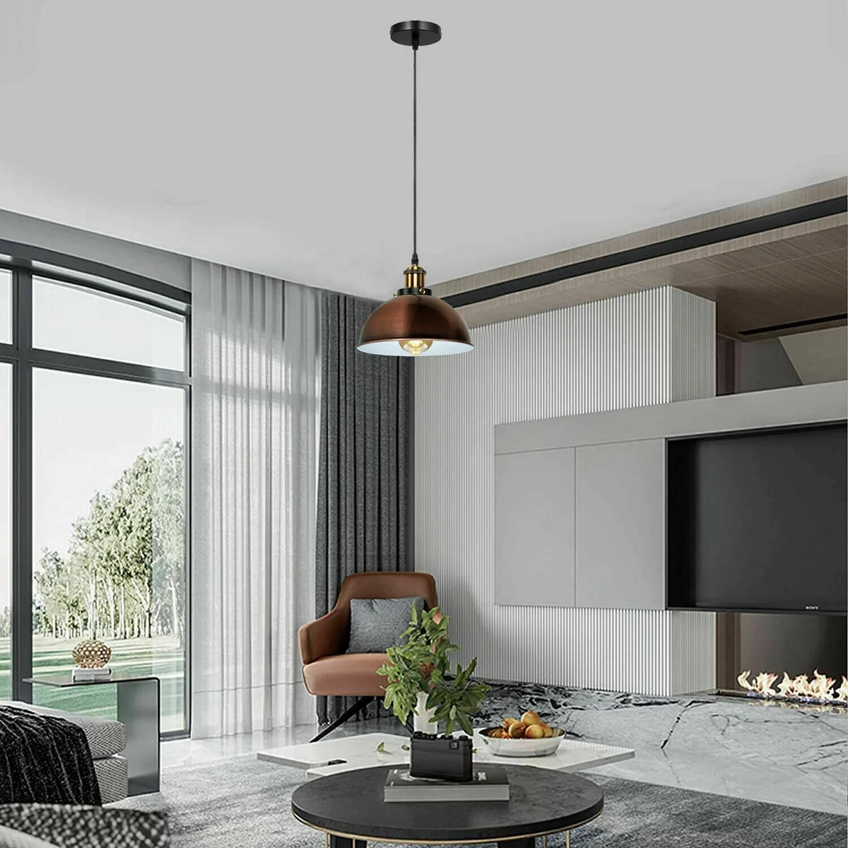 Copper metal dome pendant light with 30 cm shade, 10 cm ceiling plate and PVC cable.