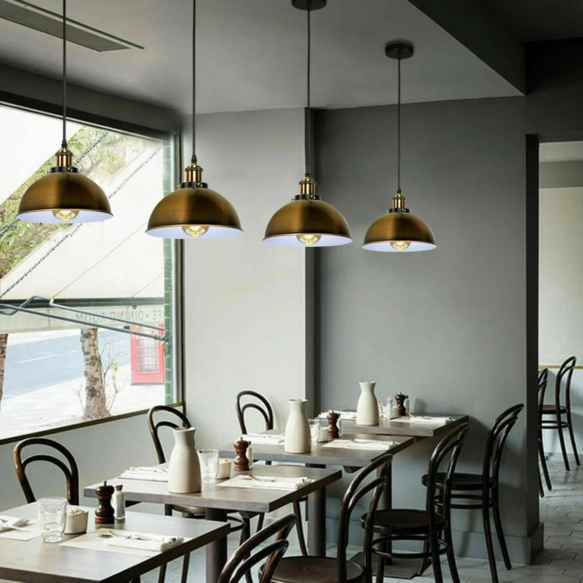 Adjustable wire ceiling light with copper and yellow brass metal dome shade hanging, 95cm PVC cable.