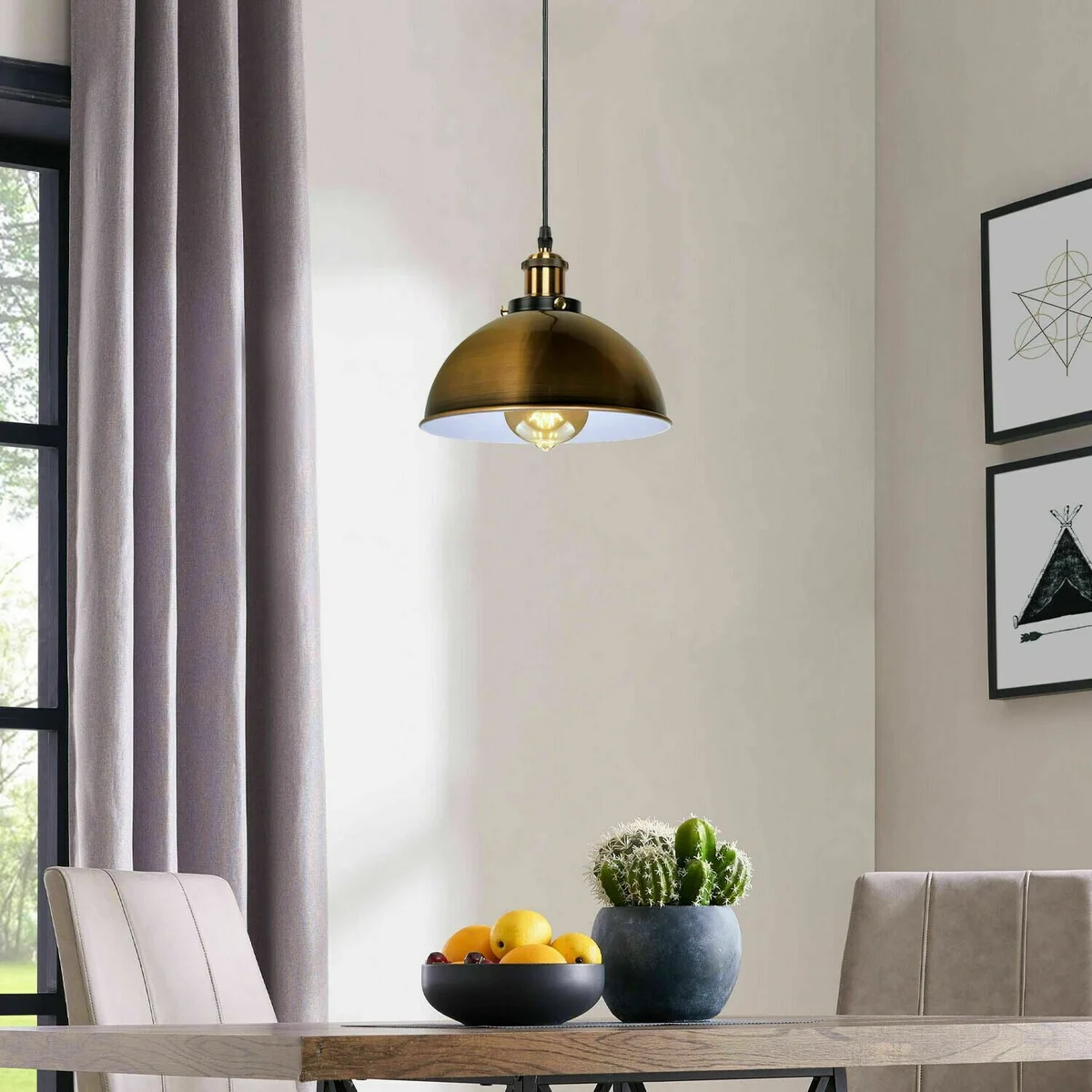 Modern E27 pendant light fitting with metal dome shade in copper or yellow brass, 95 cm hanging wire, 30 cm shade diameter.