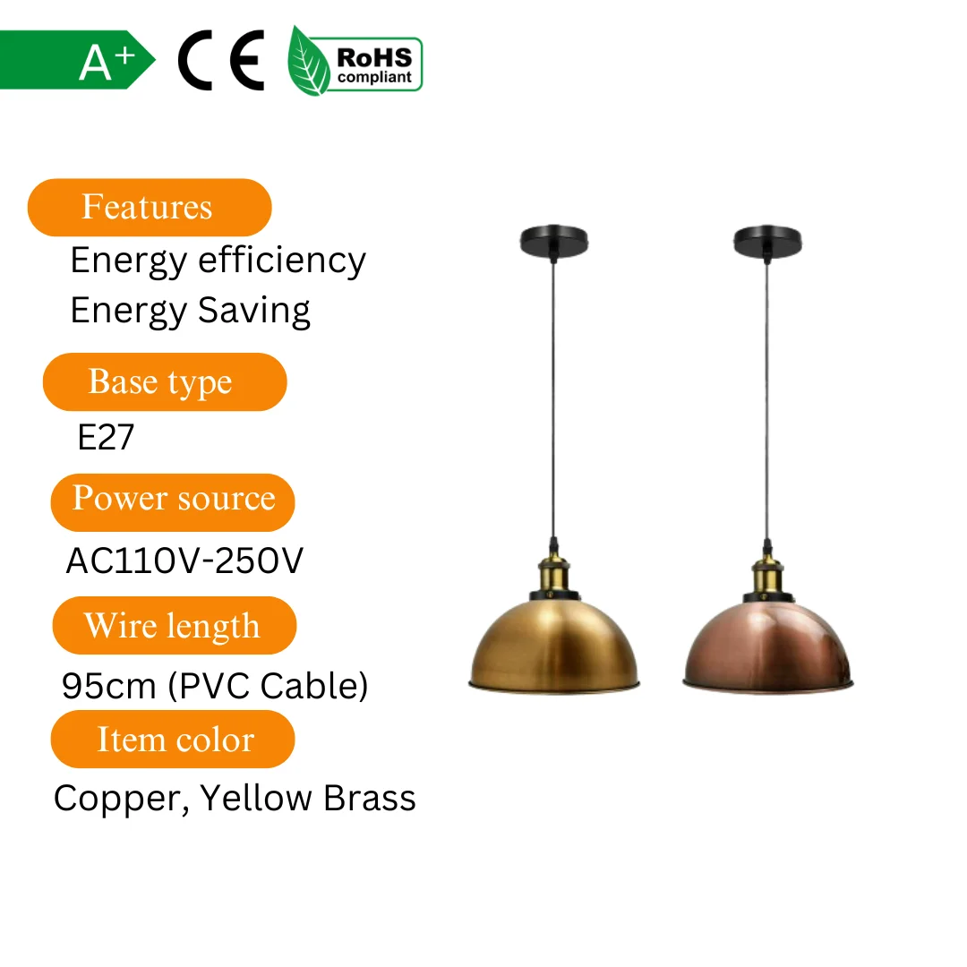 Copper ceiling pendant light with metal dome shade, adjustable 95 cm cable.