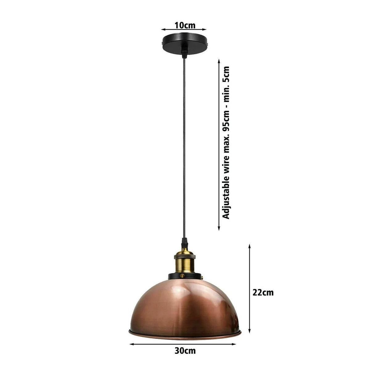 yellow brass hanging light, 30cm metal dome shade, 95cm PVC cable, hanging from ceiling, E27 base