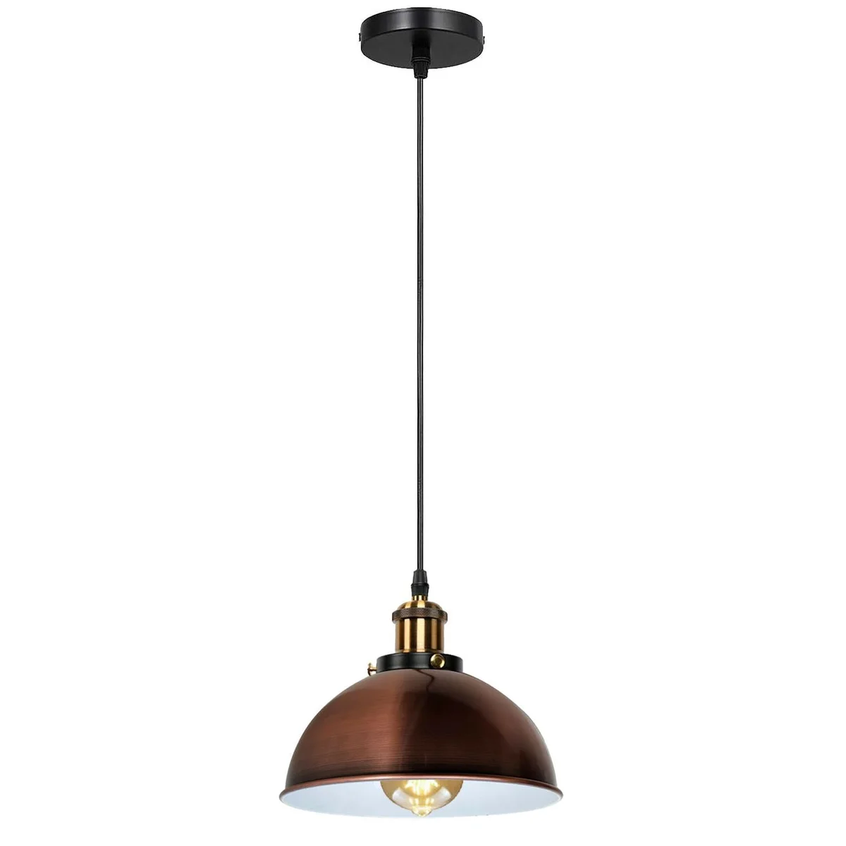Modern ceiling pendant light with metal dome shade in copper and yellow brass, 30cm diameter dome, 95cm PVC cable, E27 base