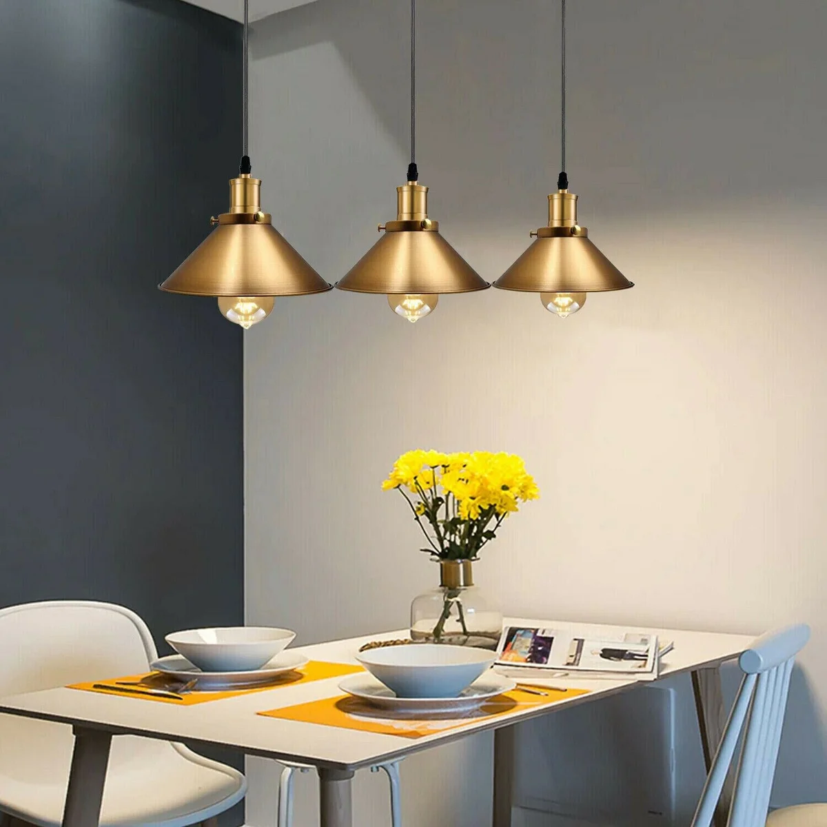 Yellow brass metal cage ceiling light, dome pendant with angled hood and 95cm cable, suitable for sloped ceilings