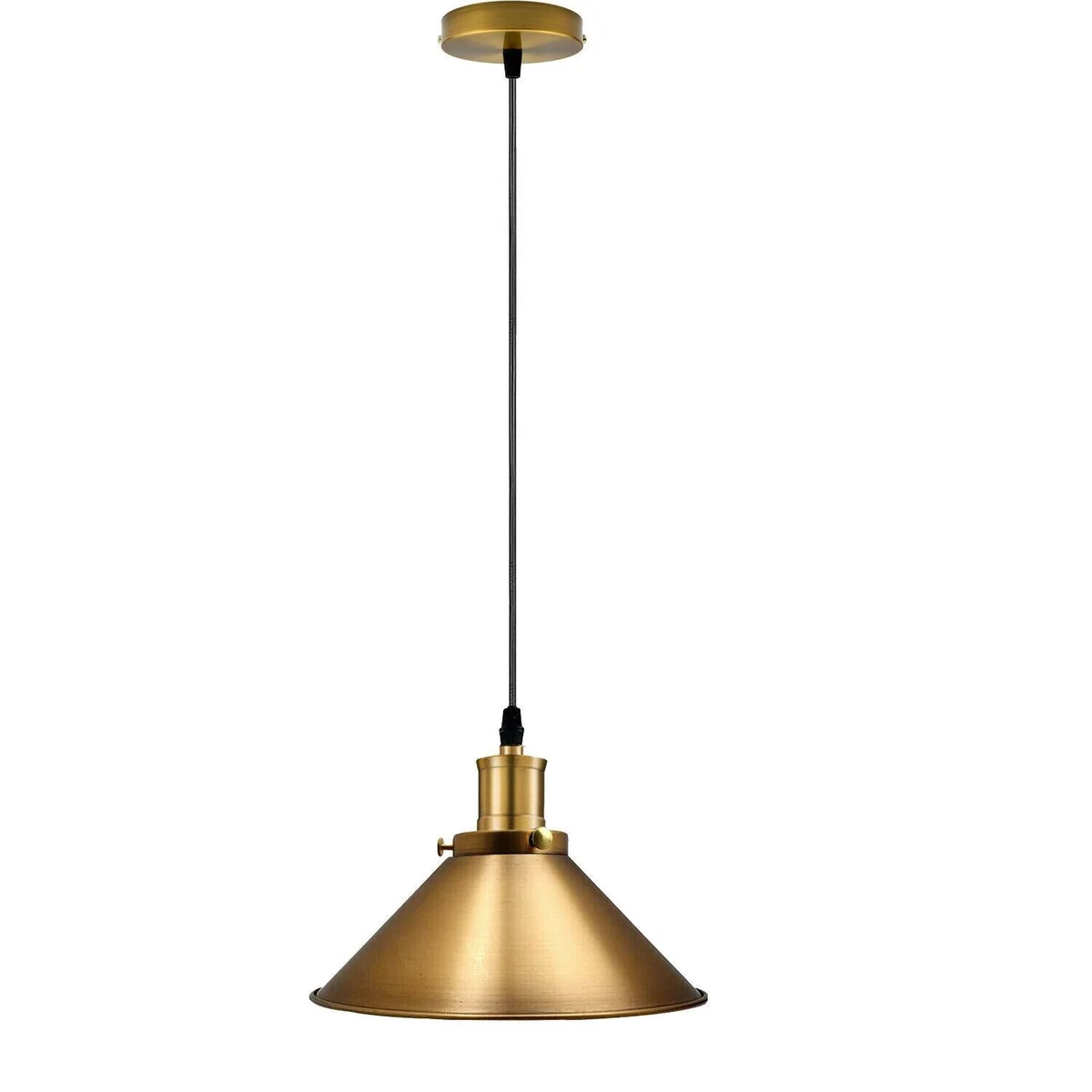 Modern pendant lighting: yellow brass metal cage lantern with angled hood, 95cm cable.