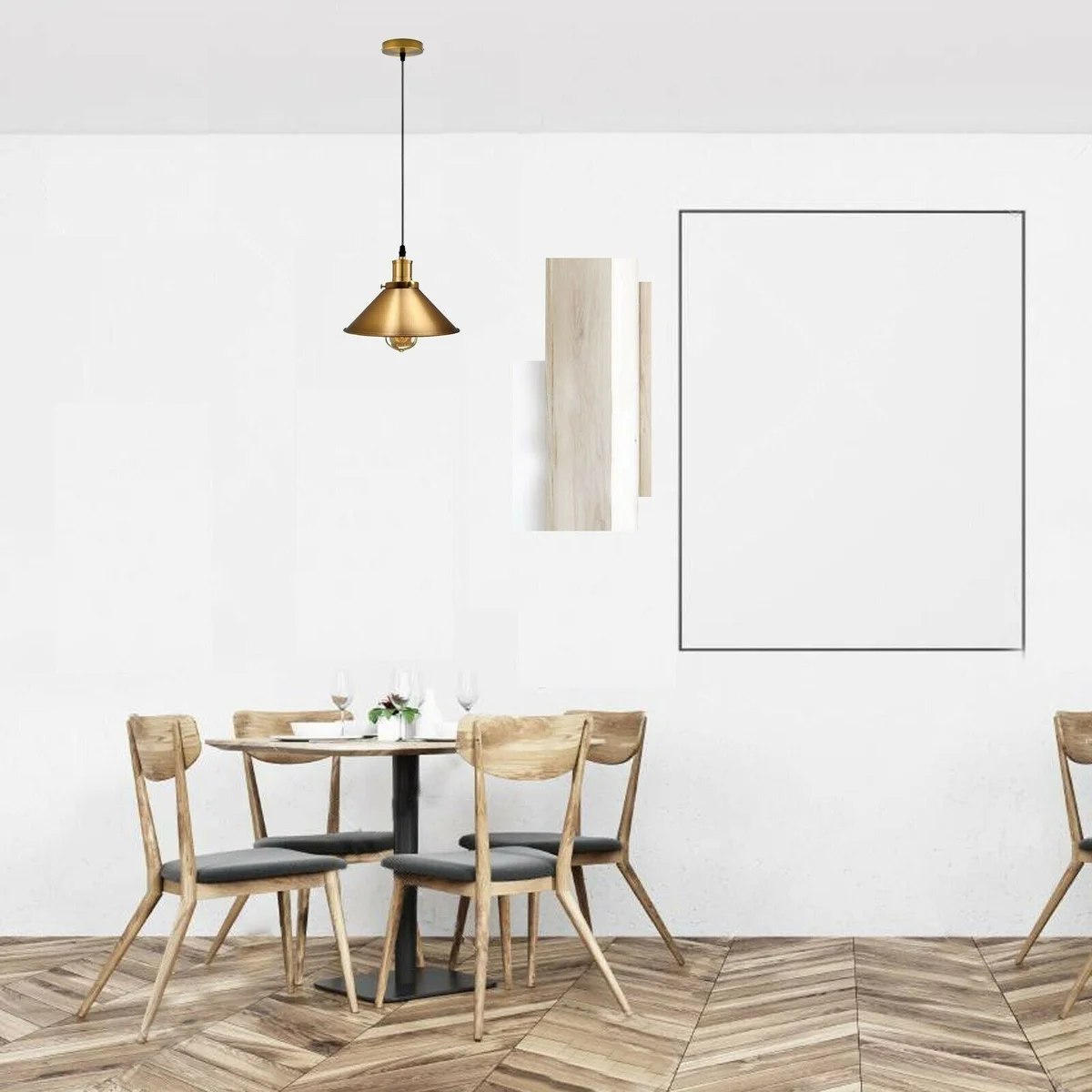 Yellow brass pendant light with angled metal dome, PVC cage, 95 cm cable and E27 base.